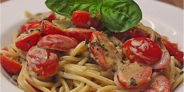 Rezept für Bandnudeln mit marinierten Kirschtomaten und cremigem Frischkäse