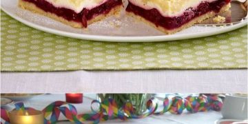 Käse-Streuselkuchen vom Blech mit Kirschkompott