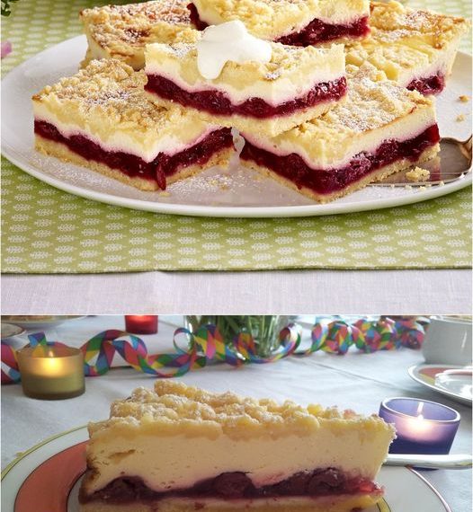 Käse-Streuselkuchen vom Blech mit Kirschkompott – Alte Oma Rezepte