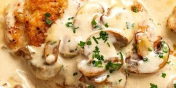 Gratinierte Hähnchenfilets in Champignonrahm, super lecker !