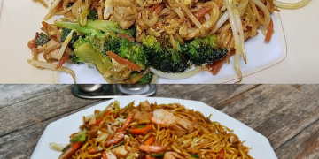 Chinesisch gebratene Nudeln mit Hühnchenfleisch, Ei und Gemüse
