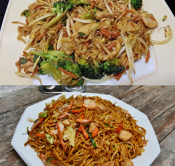 Chinesisch gebratene Nudeln mit Hühnchenfleisch, Ei und Gemüse – Alte ...