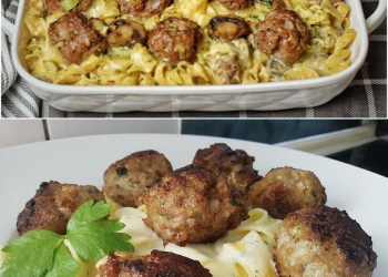 Nudeln mit Pilzsoße und Hackbällchen