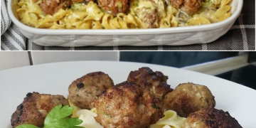 Nudeln mit Pilzsoße und Hackbällchen