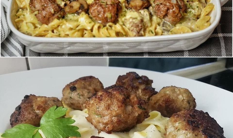 Nudeln mit Pilzsoße und Hackbällchen