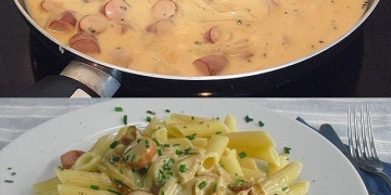 Würstchen Senf Gulasch mit Penne