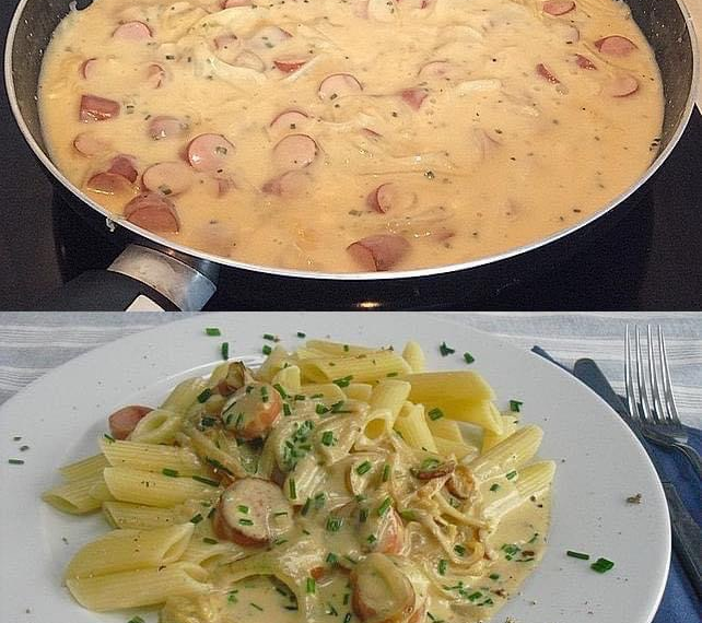 Würstchen Senf Gulasch mit Penne