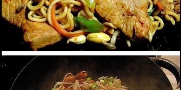 Gebratene Nudeln mit Hähnchenfleisch