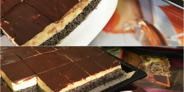 Leckerer Mohnkuchen mit Puddingcreme und Schokoladenglasur