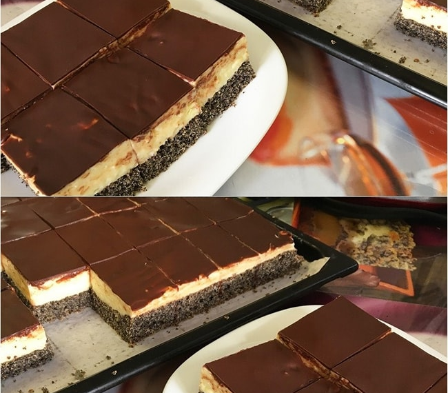 Leckerer Mohnkuchen mit Puddingcreme und Schokoladenglasur