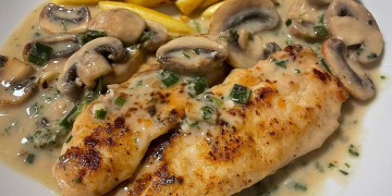 Hühnersteaks in Champignon-Knoblauch-Sauce /dazu gab es gebratene Schupfnudeln