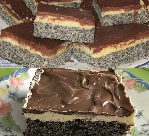 Mohnkuchen mit Vanillecreme und Schoko (leckerer Blechkuchen, schmeckt lecker, gelingt immer)