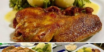 Knusprige Halbe Ente ( ohne Knochen) Thüringer Klöße und Butterbohn Kräuter-Baguette Rustika und ein Salädchen