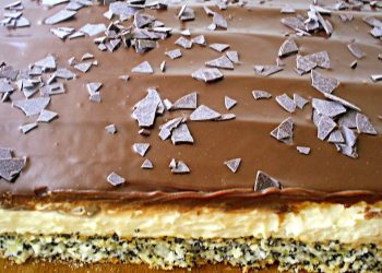 Tosca-Kuchen – fluffiger Mohn-Kokos-Kuchen, Vanillecreme, sirupartige Kekse und Schokoladenglasur